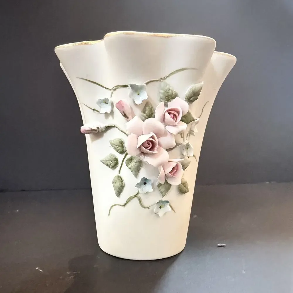 Lefton China Bisque(ext) Porcelain Small Trumpet Flower Vase #1198 Hand Painted